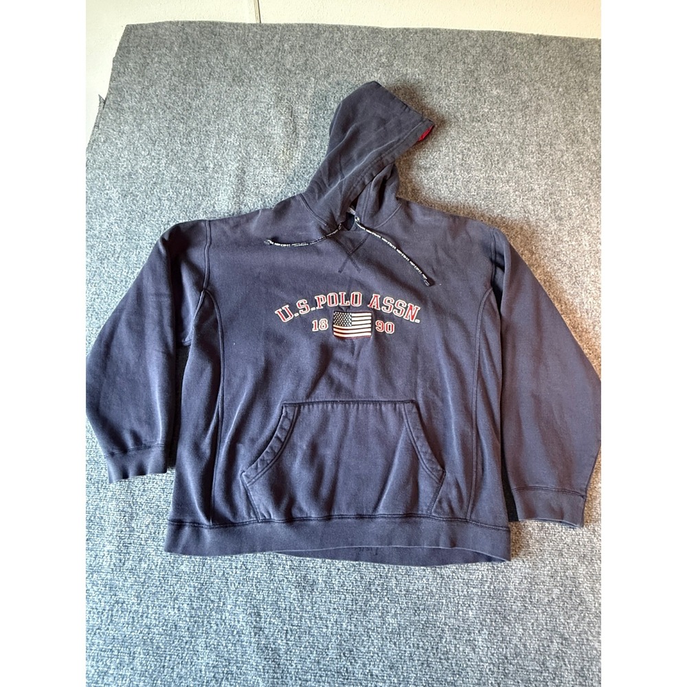US Polo‎ Assn Mens Hoodie Navy Blue Red Lining Fleece Pullover Sweatshirt Large